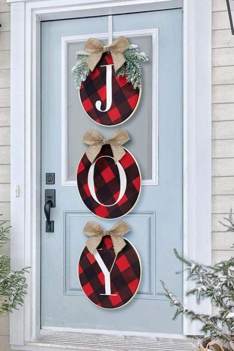 Cherry Christmas, Hanging Decorations Diy, Joy Decorations, Christmas Door Hangings, Plaid Wreath, Joy Sign, Christmas Decorations Cheap, Modern Christmas Tree, Christmas Window Decorations