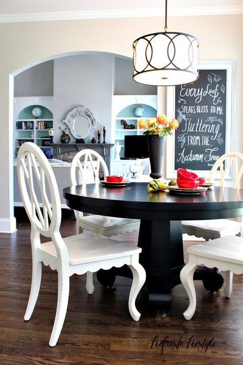 Fall Dining Ideas Table Designs Ideas, Ideas For Home Office, Cool Chandeliers, Dark Table, Autumn Dining, White Chairs, Fall Home Tour, Black Dining, Table Designs