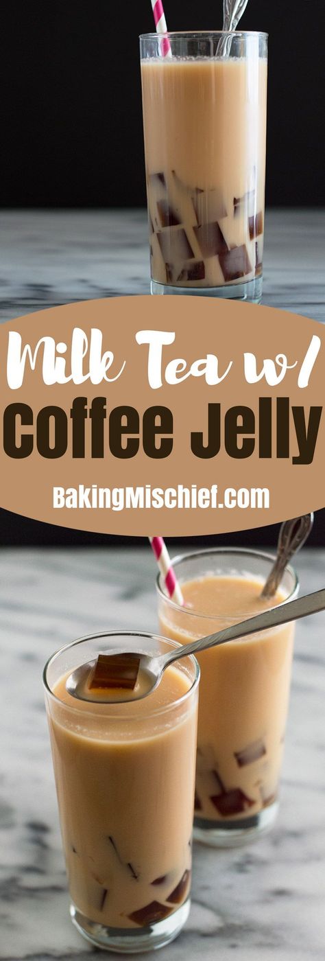 Cool and refreshing milk tea with coffee jelly is so easy to make and fun to drink. Make some and impress your friends. Recipe includes nutritional information. From BakingMischief.com Friends Recipe, Boba Tea Recipe, Bubble Tea Recipe, Milk Tea Recipes, Resep Smoothie, Coffee Jelly, Nutritional Information, Dessert Tea, Bubble Milk Tea