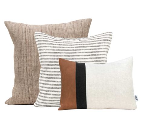 Farmhouse Pillow Cover set of 3 Handmade cushion covers. This throw pillow set will bring life and texture into your living room sofa, with a mixture of 3 fabrics: linen, nettle and Faux leather.  This Modern Pillow Case set features: *Brown Himalayan Nettle Pillow Cover *Black and Cream Stripe Linen Cushion Cover *Faux Leather and Linen Color Block Pillow The natural linen and nettle creates organic textures and the Tan Vegan leather adds warmth. This Modern Pillow Cover Combination blends qual Neutral Cushion Combinations, Farmhouse Pillow Covers, Scandinavian Pillows, Scandinavian Farmhouse, Cushion Collection, Modern Pillow Covers, Modern Pillow, Handmade Cushion Covers, Farmhouse Pillow