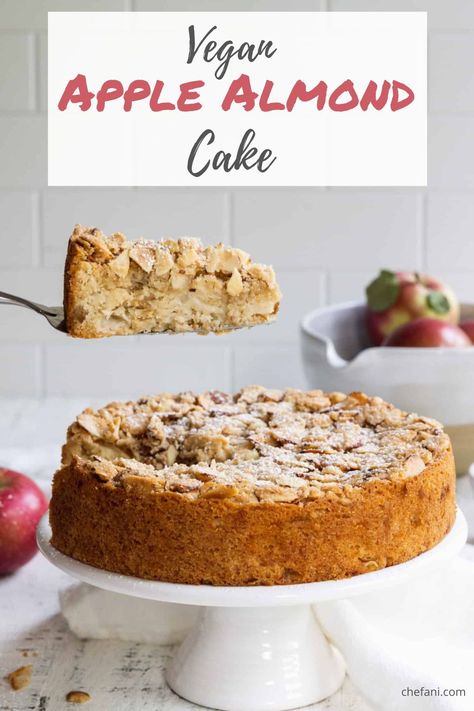 Get ready to fall in love with this Vegan Apple Almond Cake! Made with simple ingredients and packed with flavor, you'll want to share this delicious Vegan Apple Crumble Cake recipe with all your friends! Pin this for your next family celebration or to indulge in some much-needed self-care! Apple Vegan Dessert, Simple Vegan Dessert, Apple Desserts Vegan Gluten Free, Vegan Apple Crumble Cake, Vegan Apple Cinnamon Bundt Cake, Apple Cake Vegan Gluten Free, Gluten Free Dairy Free Recipes Dessert, Apple And Almond Cake, Dairy Free Dessert Easy