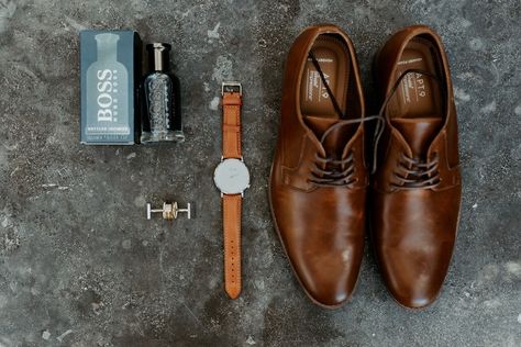 wedding-day-detail-shots-getting-ready-flat-lay-inspiration-invitations-shoes-watch-rings-dress-hanging-from-tree Watch Rings, Flat Lay Inspiration, Temecula Wedding, Mens Wedding Attire, Details Photography, Formal Men, Formal Men Outfit, Groom Accessories, Wedding Details Photography