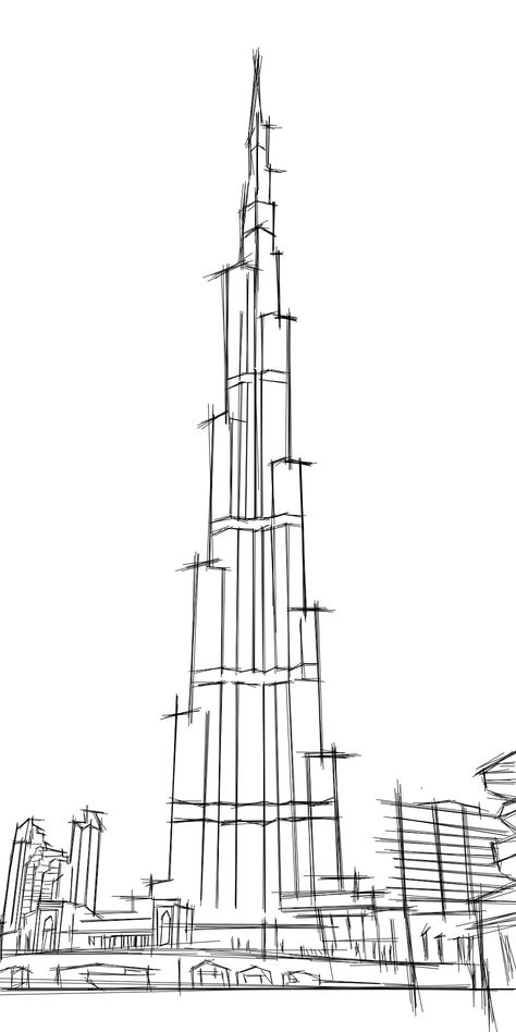 Azadi Tower Sketch, Architecture Sketches Simple, Architecture Composition Drawing, Skyscraper Architecture Drawing, Famous Building Sketches, Architecture Sketch Simple Building, Building Sketch Simple, Burj Khalifa Sketch, Building Sketch Simple Architectural Drawings