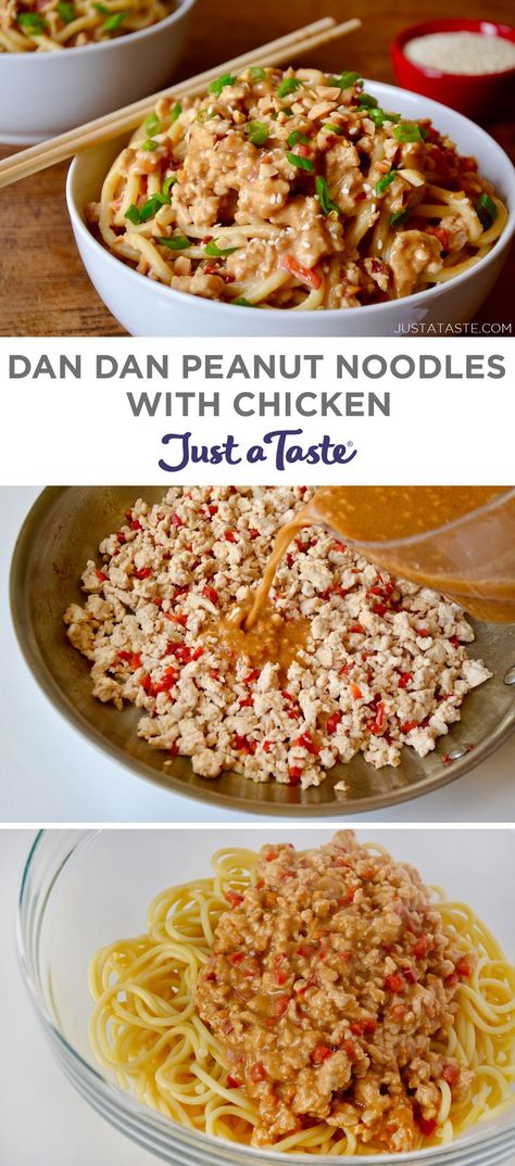 Take on the takeout with this 30-minute recipe for Dan Dan Peanut Noodles with your choice of ground chicken or turkey. It’s as if peanut sauce and bolognese joined forces, the tomato jumped ship and in its place is a flavor-packed trio of garlic, ginger and soy sauce. A little brown sugar adds a sweet element, while the peanut butter brings it all together. justataste.com #recipes #dandannoodles #peanutsauce #peanut #chinese #asianfood #spicy Peanut Noodles With Chicken, Noodles With Chicken, New Chicken Recipes, Healthy Chicken Recipes Easy, Ground Chicken Recipes, Peanut Noodles, Peanut Chicken, Buttered Noodles, Asian Inspired Recipes