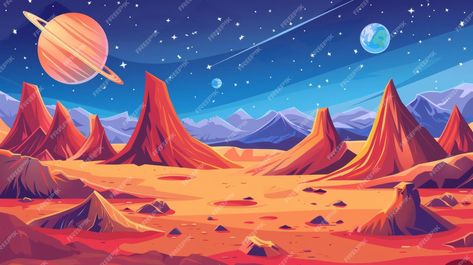 Premium Photo | Landscape of Mars an alien planet with red ground mountains stars Saturn and Earth in the sky Modern illustration of a cosmos and red martian surface Mars Illustration, Planet Photos, Planet Landscape, Planet Pictures, Alien Landscape, Mars Planet, Photo Landscape, Modern Illustration, Alien Planet