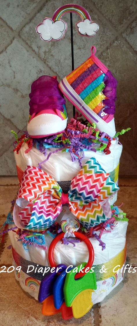 Rainbow Diaper Cake for Baby Girl Shower by 209DiaperCakes on Etsy Rainbow Diaper Cake, Diaper Cake For Baby Girl, Cake For Baby Girl, Baby Shower Rainbow Theme Zazzle, Funny Baby Onesies Boy, Lisa Frank Birthday Party, Baby Decor Diy, Baby Girl Cake, Cake Rainbow