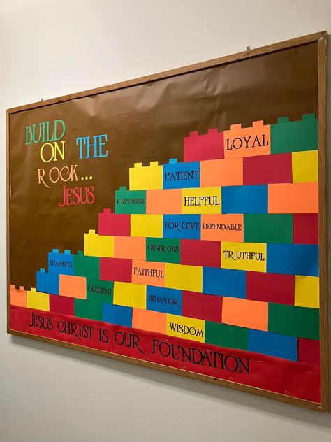 Jesus Is My Rock Vbs, Biblical Classroom Themes, Christian Themed Classrooms, Vbs Missions Ideas, August Bulletin Board Ideas For Church, Youth Ministry Room Ideas, Vbs Themes Ideas Vacation Bible School, Lego And Let God, Sunday School Classroom Decoration Kids Church Room Ideas