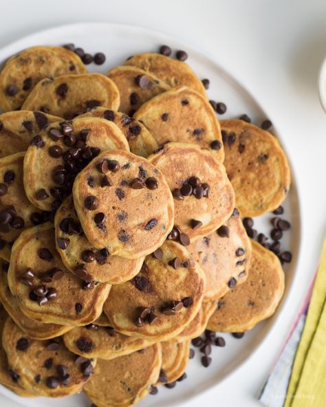 One-Bowl Pumpkin Chocolate Chip Mini Pancakes · i am a food blog i am a food blog Mini Pancakes Ideas Para Vender, Best Ever Pancakes, Pancake Box, Vegetarian Breakfasts, Pumpkin Chocolate Chip Pancakes, Recipe Easy Quick, Healthy Pumpkin Dessert, Fall Recipes Breakfast, Chocolate Pancakes