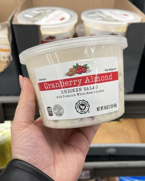 Someone holding up Cranberry Almond Chicken salad in Aldi store Aldi Chicken Salad Recipe, Aldi Hacks, Chicken Salad Recipe With Almonds, Aldi Chicken, Cranberry Almond Chicken Salad, Almond Chicken Salad, Aldi Store, Cranberry Chicken Salad, Chicken Salads