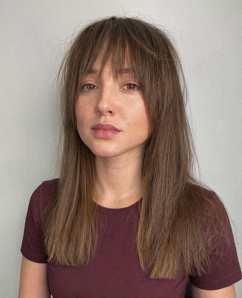 Long Straight Blunt Cut with Wispy Bangs Bangs For Fine Straight Hair, Medium Straight Hair With Bangs, Haircut Inspiration Long, 2022 Bangs, Long Haircuts For Fine Hair, Volume Haircut, Easy Straight Hairstyles, Fine Hair Cuts, Long Fine Hair