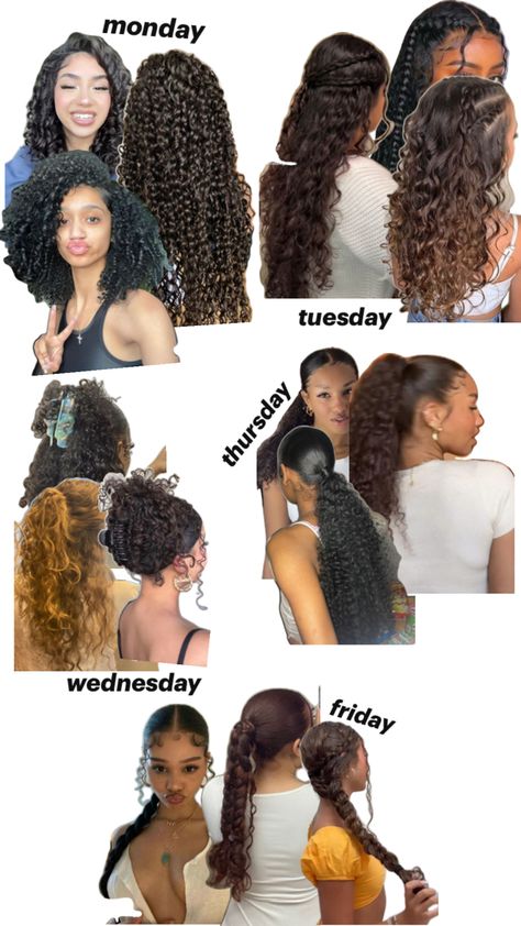 curly hairstyles for the week Hairstyles For Curly Hair Natural Updo, Week Of Curly Hairstyles, Curly Slicked Hairstyles, Week Hairstyles Ideas, Curl Hair Routine Naturally Curly, Weekly Hairstyles For School, How To Get Healthy Curly Hair, Hairstyles With Curly Bangs, High Pony Curly Hair