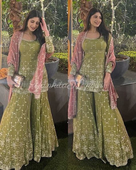 Green Sharara, Sharara Designs, Butterfly Net, Full Sleeve Top, Fiesta Outfit, Punjabi Dress, Sharara Suit, Cotton Dupatta, Heavy Embroidery