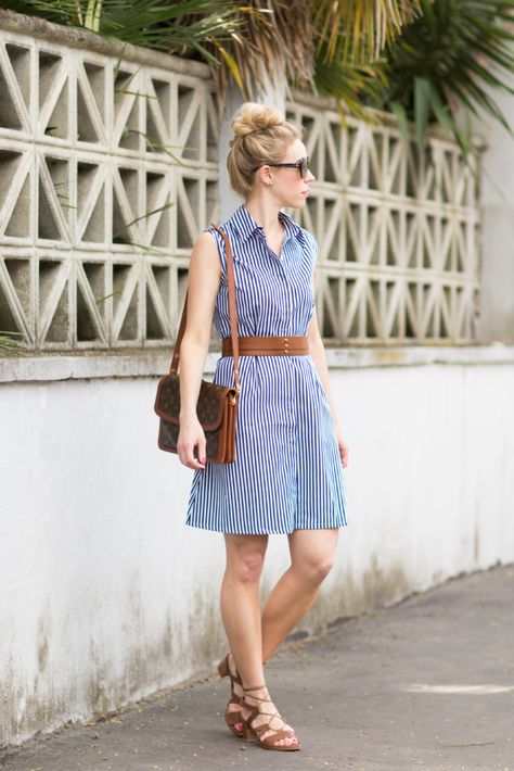 { Summertime Dressing: Striped dress, Leather belt & Lace-up sandals } Blue And White Striped Dress Outfit, White Striped Dress Outfit, Dress With Leather Belt, Blue And White Striped Shirt Dress, Summertime Dresses, Shirt Dress Outfit, Lace Up Block Heel, Dress Leather, Wide Leather Belt