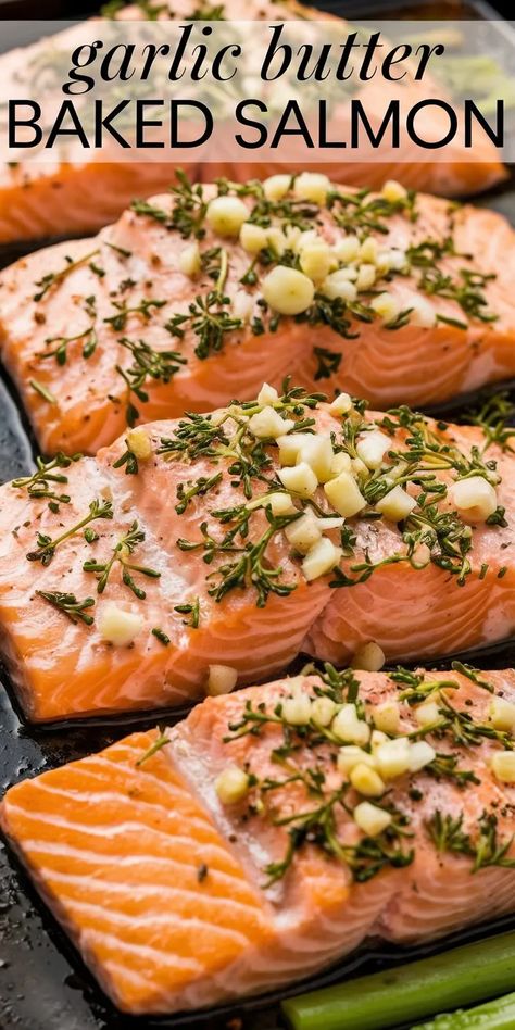 Easy Garlic Butter Salmon Recipe with Veggies Steak And Salmon Recipes, Baked Salmon Fillets Oven, Garlic Butter Salmon Recipes, How To Season Salmon, Baking Salmon In Oven, Fish Meal Prep Ideas, Salmon Dishes Dinners, Garlic Butter Salmon Baked, Skinnytaste Salmon