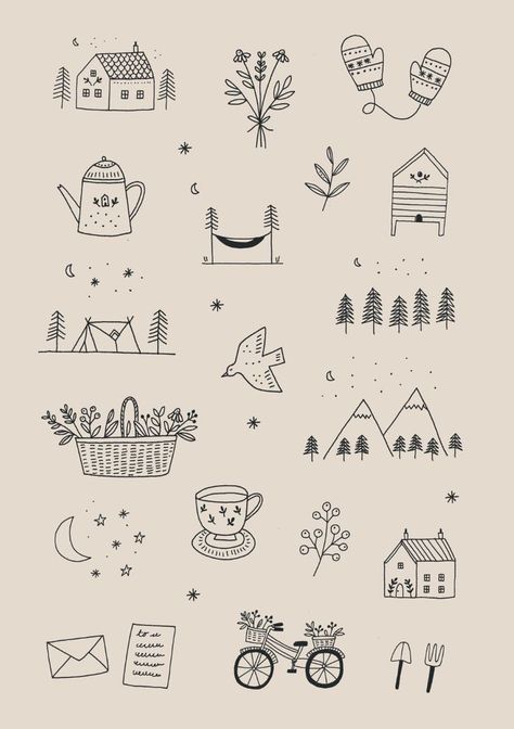 Small Illustrations Simple, Small Images To Draw, Cute Doodle Patterns, Simple Illustration Art Doodles, Ryn Frank Illustrations, Journal Illustration Ideas, Mini Sketch Ideas, Tiny House Tattoo, House Tattoo Simple