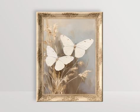 White Butterflies Cottagecore Wall Art, Muted Warm Tone Painting, Boho Farmhouse Aesthetic Neutral Botanical Printable, Country Home Decor - Etsy Tone Painting, Butterflies Painting, Cottagecore Wall Art, Boho Farmhouse Decor, Witch Room Decor, Art Papillon, Tone Art, White Butterflies, Aesthetic Neutral