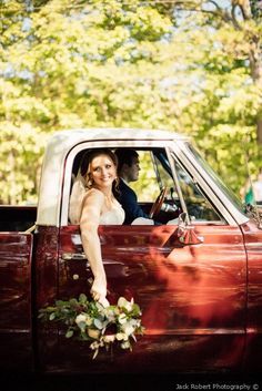 Old Car For Wedding, Getaway Truck Wedding, Old White Ford Truck, Old Truck Wedding Exit, Bronco Wedding Car, Wedding Photo With Truck, Wedding Photos With Cars Picture Ideas, Pickup Truck Wedding Photos, Wedding Pictures With Old Cars