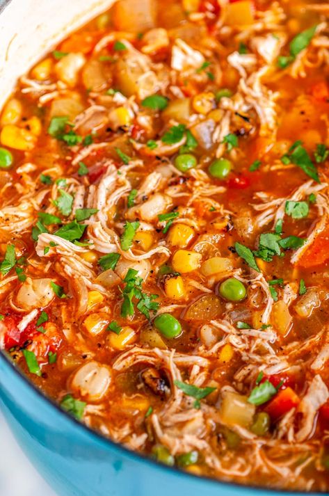 Loaded Chicken Hominy Soup - A twist on the traditional Mexican chicken pozole soup, this one pot dish is chock full of nutritious veggies, chicken and flavor! Dairy and gluten free. From aberdeenskitchen.com #loaded #chicken #hominy #soup #pozole #Mexican #stew #recipe #dinner #onepot #dairyfree #glutenfree Soup Recipes With Hominy, Chicken And Hominy Recipes, Pisoli Soup, Golden Hominy Recipes, Chicken And Hominy Soup, Meals With Hominy, Chicken Pazole Soup Mexican, Taco Soup With Hominy, Chicken Hominy Soup