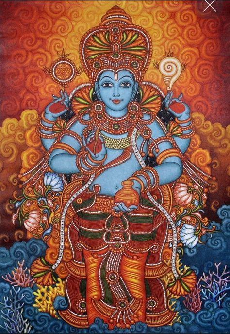 Kerla Murals, Panchkarma Ayurveda, Lord Dhanvantari, God Of Medicine, Indian Drawing, Mysore Painting, Africa Art Design, Mural Art Design, Mural Paintings