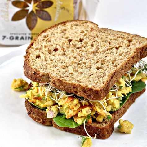 Chickpea egg salad sandwich on whole grain bread. Chickpea Egg Salad, Egg Salad Sandwich, Classic Egg Salad, Chickpea Salad Sandwich, Vegan Chickpea, Spinach Curry, Grain Bread, Salad Vegan, Egg Sandwich