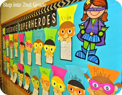 Step into 2nd Grade with Mrs. Lemons: Our First Day Superhero Bulletin Boards, Hero Classroom Theme, Superhero Template, Superhero Craft, Superhero Class, Deanna Jump, Super Hero Day, Hero Crafts, Class Board