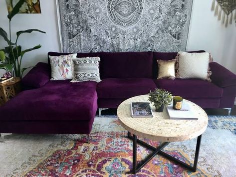 Dark Purple Couch, Purple Living Room Furniture, Purple Couch, Purple Living Room, Purple Room, Earthy Home, Velvet Sectional, Purple Rooms, Bohemian Living Room