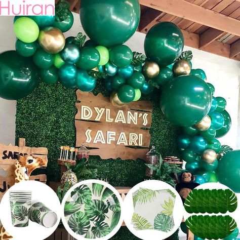 Adult Safari Party, Jungle Balloons, Jungle Thema, Jungle Party Decorations, Green Balloons, Forest Birthday, Jungle Theme Parties, Hawaiian Party Decorations, Jungle Theme Birthday