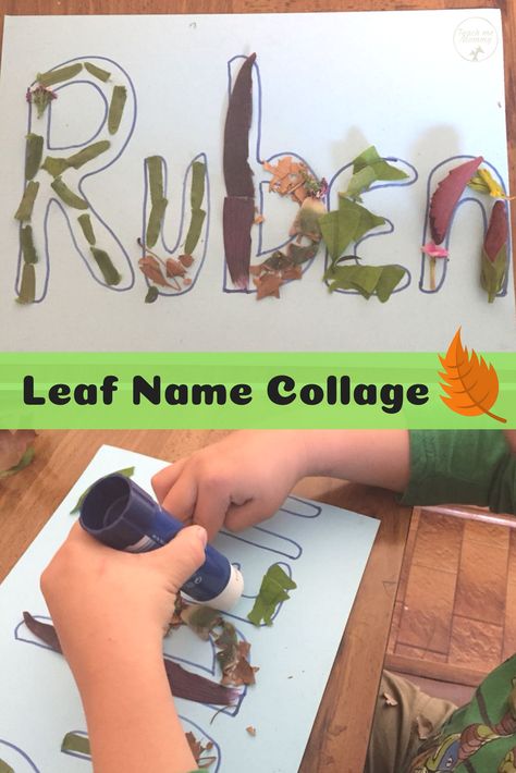 Leaf name collage for name recognition! #teach Name Collage, Outdoor Learning Activities, Forest School Activities, Leaf Collage, Name Recognition, Tree Study, Nature School, Name Activities, Theme Nature