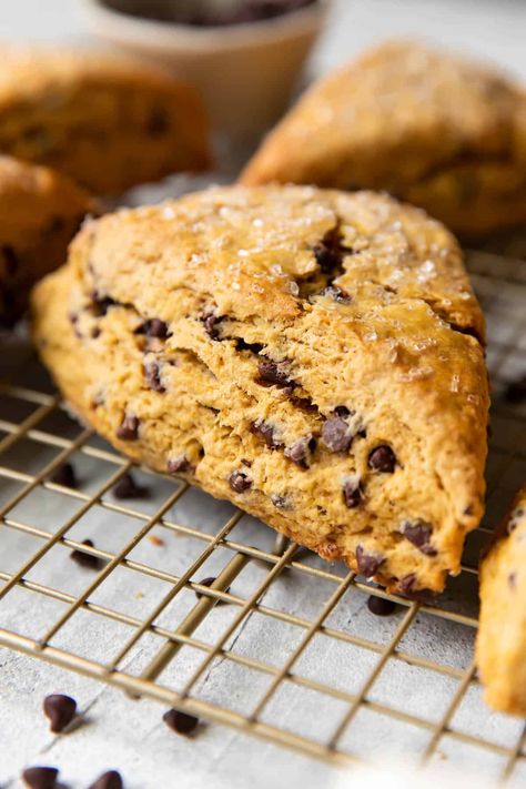 These tender and flaky pumpkin chocolate chip scones are full of pumpkin spice flavor, chocolate chips and are the perfect fall treat to bake. They are moist on the inside and crumbly on the outside, the perfect scone. Cranberry Cheesecake Bars, Pumpkin Scones Recipe, Chocolate Chip Scones, Pecan Sticky Buns, Baker By Nature, Scones Recipe Easy, Scones Easy, Scones Ingredients, Pumpkin Scones