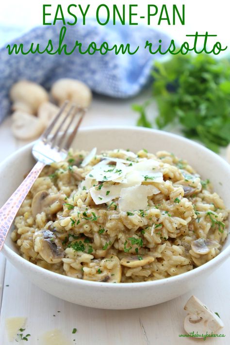 This Easy Mushroom Risotto is a quick and simple way to make restaurant-style risotto at home in minutes and in only one pan! Skip the fancy restaurant and enjoy it at home as a vegetarian main dish or side dish! Recipe from thebusybaker.ca! #easyrisotto #simplerisottorecipe #mushroomrisotto Risotto Videos, Risotto Chicken, Vegetarian Main Dish, Easy Risotto, Risotto Recipes Easy, Shrimp Risotto, Mushroom Risotto Recipes, Recipes Shrimp, Quirky Cooking