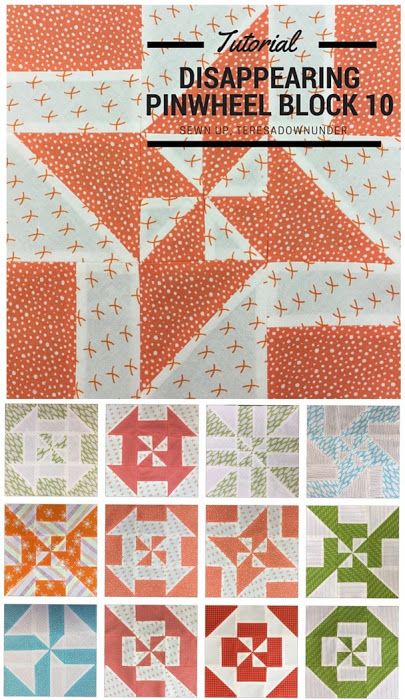 Block 10: Disappearing pinwheel quilt sampler Disappearing Pinwheel, Pinwheel Blocks, Pinwheel Quilts, Pinwheel Quilt Pattern, Pinwheel Quilt Block, Disappearing 9 Patch, Disappearing Nine Patch, Quilt Sampler, Pinwheel Block