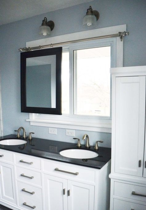 19 Bathroom renovation with movable mirror, by Since I Became a Mom featured on @Remodelaholic Movable Mirror, Makeover Kamar Mandi, Beautiful Master Bathrooms, Bathroom Mirror Design, Dark Countertops, White Bathroom Cabinets, Sliding Mirror, Small Remodel, Mirror On The Wall