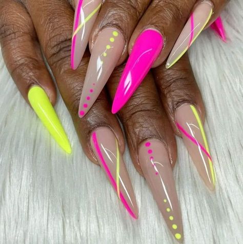 Long Almond Pink Nails, Neon Vacation Nails, Stilleto Nails Designs Summer, Girly Habits, Summer Stiletto Nails, Stilleto Nails Designs, Dot Nails, 2023 Nails, Sassy Nails