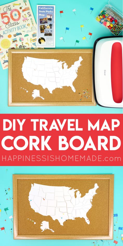 DIY Cork Board Travel Map with the Cricut EasyPress 2 -Make your own DIY Cork Board Travel Map and start recording your journies and planning your next adventures! Great gift idea for the travel lover in your life! | Happiness is Homemade | #HappinessisHomemade #DIY #cricut #corkboard Cork Board Map, Cricut Iron On Vinyl, Travel Map Diy, Diy Cork Board, Diy Cork, Travel Project, Map Activities, Cork Boards, Happiness Is Homemade