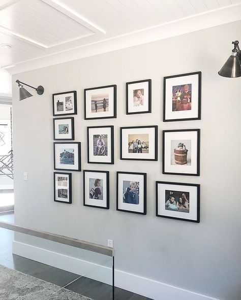 31 Photo Wall Ideas for Showing Off Your Snaps Photo Wall Ideas, Photo Walls, Basement Living, White Photo Frames, Family Photo Wall, Basement Living Rooms, Long Hallway, Entry Way Design, Emily Henderson