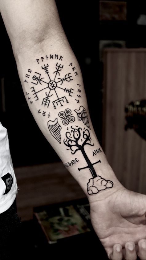 Vegvisir at the top, humility symbol with raphael's wings aside, ygdrasil with excalibur in the rock on the bottom Humility Tattoo, Humility Symbol, Geometric Tattoo, Tattoos, Quick Saves