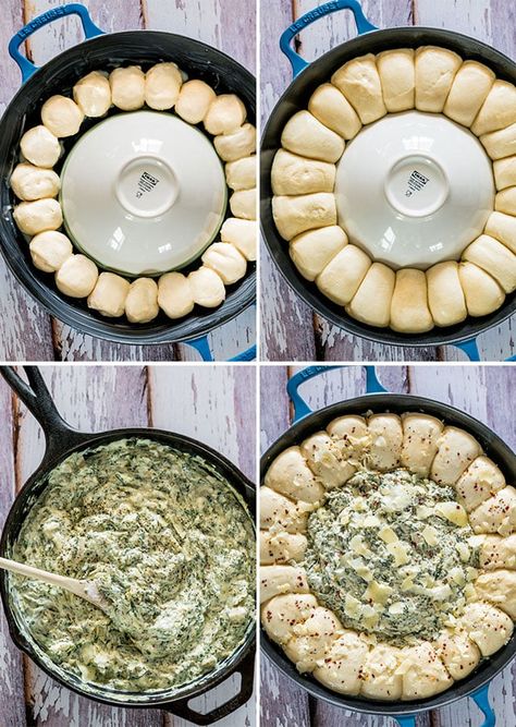 This Skillet Pull Apart Bread with Spinach and Artichoke Dip is simple gooey cheesy goodness surrounded by bread rolls, all baked in one skillet. Plop it on a table and let everyone dig in. www.jocooks.com #spinachdip Frozen Dinner Rolls, Skillet Bread, Frozen Rolls, Spinach And Artichoke Dip, Artichoke Dip Recipe, Party Dips, Pull Apart Bread, Spinach Artichoke Dip, Creamy Spinach