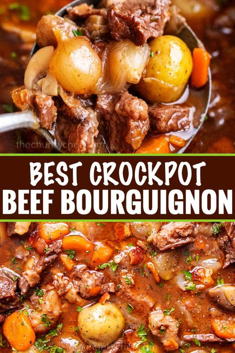 Crockpot Beef Bourguignon has melt in your mouth beef and hearty vegetables simmered all day in a rich red wine gravy!  The ultimate winter comfort food!  Slow cooker, oven, stovetop and instant pot directions! #beefstew #beefbourguignon #slowcooker #crockpot #comfortfood #dinner #easyrecipe #beef Crockpot Beef Bourguignon, Food Slow Cooker, Wine Gravy, Red Wine Gravy, Best Crockpot, Winter Comfort Food, Slow Cooker Beef Stew, Crockpot Beef, Winter Comfort