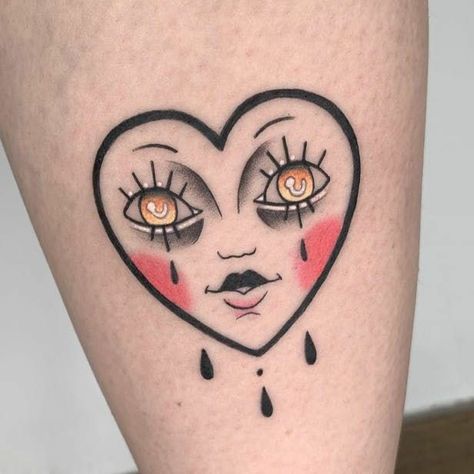 Heart Tattoo With Face, Smiling Heart Tattoo, Hand Tattoos Heart, Heart With Face Tattoo, Heart Face Tattoo, Traditional Heart Tattoos, Tattoos Heart, Crying Heart, Bow Tattoo Designs