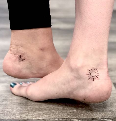 Sun And Moon Micro Tattoo, Sun Moon And Stars Tattoo Small Ankle, Sis Tatoos, Sun Tattoo Small Ankle, Minimal Sun And Moon Tattoo, Matching Cat Sun And Moon Tattoo, Two Cats On A Moon Tattoo, Poetry Tattoo, Half Moon Tattoo