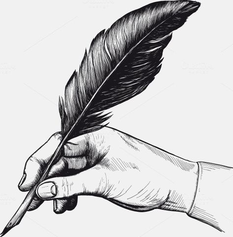 drawing of hand with a feather pen by sharpner on Creative Market Iq Logo, Fountain Pen Drawing, Feather Drawing, Feather Pen, Vintage Writing, Quill Pen, Vintage Drawing, Tableau Art, Creative Sketches