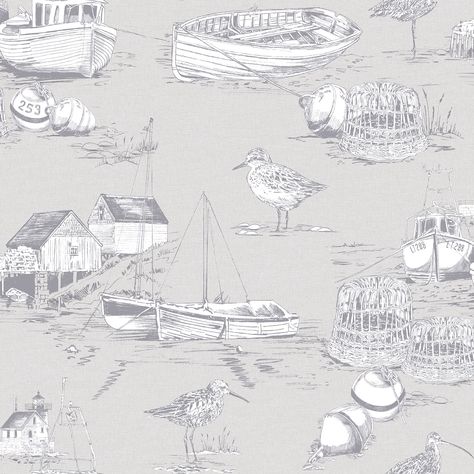 Grey Toile Wallpaper, Coastal Farmhouse Living Room, French Seaside, Little Boy Room, Boats Wallpaper, Boat Wallpaper, Dollhouse Wallpaper, Toile Wallpaper, Nautical Bathroom