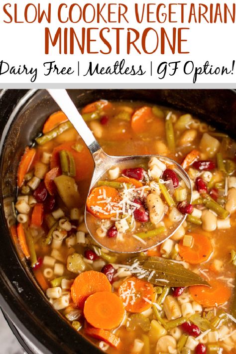 This slow cooker vegetarian minestrone soup is the epitome of healthy and hearty. It's great as an easy meatless meal, or served along side of chicken or beef as a side. The crock pot does all of the work for you, and the end result is a flavorful Italian style soup that's vegan, dairy-free, and loaded with beans, pasta (with a gluten-free option), and vegetables like celery, carrots, potatoes, green beans and tomatoes. #veganminestrone #vegansoup #slowcookersoup #vegetarianslowcooker Meatless Crock Pot Meals, Crock Pot Vegetarian Soup, Minestrone Soup Recipe Crockpot, Soup Meatless, Vegetarian Minestrone, Vegetarian Minestrone Soup, Vegan Board, Beans And Tomatoes, Hearty Recipes