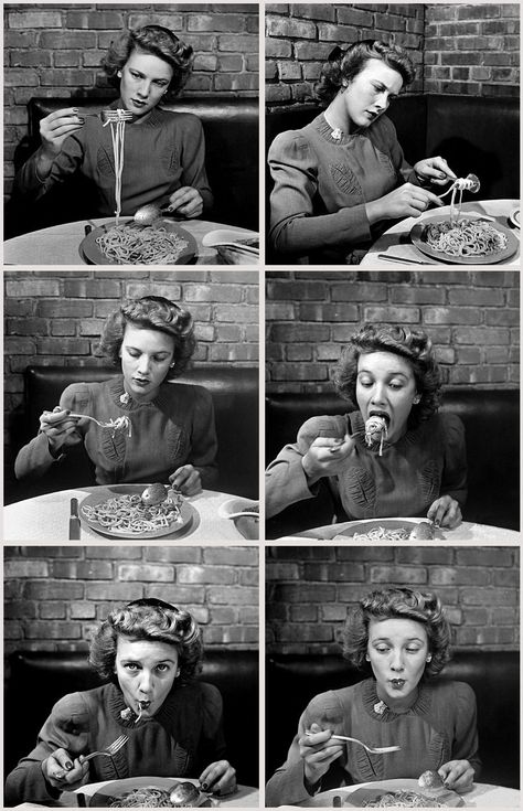 Alfred EisenstaedtWoman eating spaghetti in restaurantNew YorkNY1941 Woman Eating Spaghetti, Eating Dinner Reference, Woman Eating Photography, People Eating Photography, Eating Drawing Reference, Someone Eating, Women Eating, Person Eating, Eating Pasta