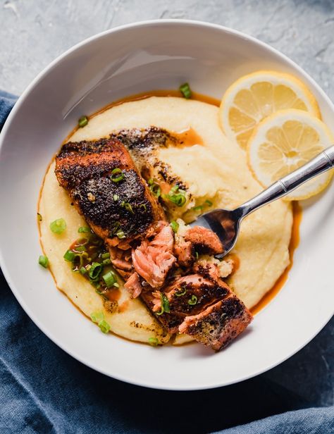 Blackened Cajun Sockeye Salmon with Smoky Cheddar Grits Sockeye Salmon Recipes, Cheddar Grits, How To Cook Grits, Cajun Salmon, Pineapple And Coconut, Cheesy Grits, Grits Recipe, Sockeye Salmon, Salmon And Rice