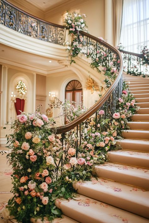 Our 40+ Ideas for Decorating Staircases with Wedding Flowers | Matched Hearts Wedding Chapel Decorations, Whimsical Wedding Flowers, Purple Wedding Bouquets, Boho Wedding Bouquet, Wedding Arch Flowers, Red Rose Petals, Ideas For Decorating, White Wedding Bouquets, Fall Wedding Bouquets