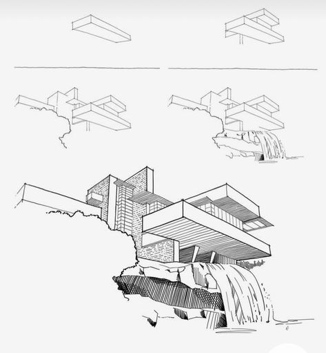 Step By Step Architecture Drawing, How To Draw Buildings Perspective, Frank Lloyd Wright Sketches, Fallingwater Frank Lloyd Wright, Frank Lloyd Wright Drawings, Frank Lloyd Wright Interior, Falling Water Frank Lloyd Wright, Frank Lloyd Wright Architecture, Student Aesthetic