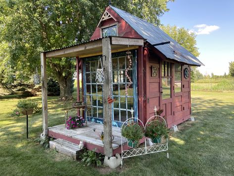 Shed Made Of Doors, She Shed Made From Old Doors, Shed Made From Old Doors, Tin Roof Shed, Rustic She Shed, Old West Decor, Outdoor Storage Buildings, Cottage Garden Sheds, Cabin Garden