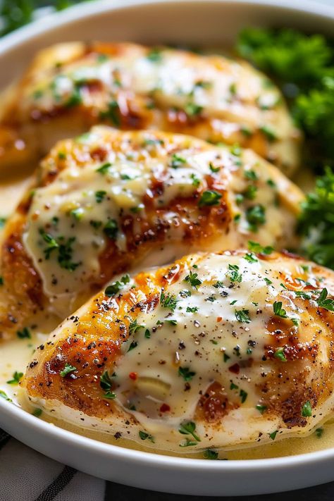 Baked Caesar Chicken Baked Caesar Chicken With Creamy Parmesan Sauce, Caesar Parmesan Chicken, Yummy Baked Chicken, Baked Caesar Chicken With Parmesan Sauce, Chicken Dishes For Company, Baked Chicken Caesar Recipe, Parmesan Caesar Chicken, Cesar Chicken Recipes, Chicken Ceaser Recipes