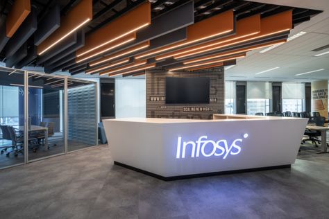 Infosys Consulting Offices - Bucharest - Office Snapshots Lobby Interior Design, Off Campus, Cozy Furniture, Innovation Centre, Acoustic Solutions, Lobby Interior, Reception Design, Reception Desk, Engineering Design